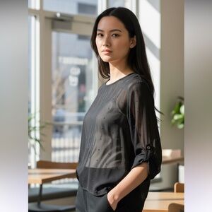 AG Adrianano‎ Goldschmidt Women's XS Sheer 100% Silk Blouse Black Dot EUC